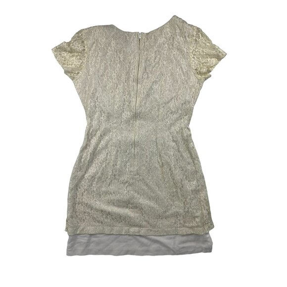 Brett Alixander Mini Dress M Ivory White Lace Short Sleeve Button Front Belted - Picture 2 of 4